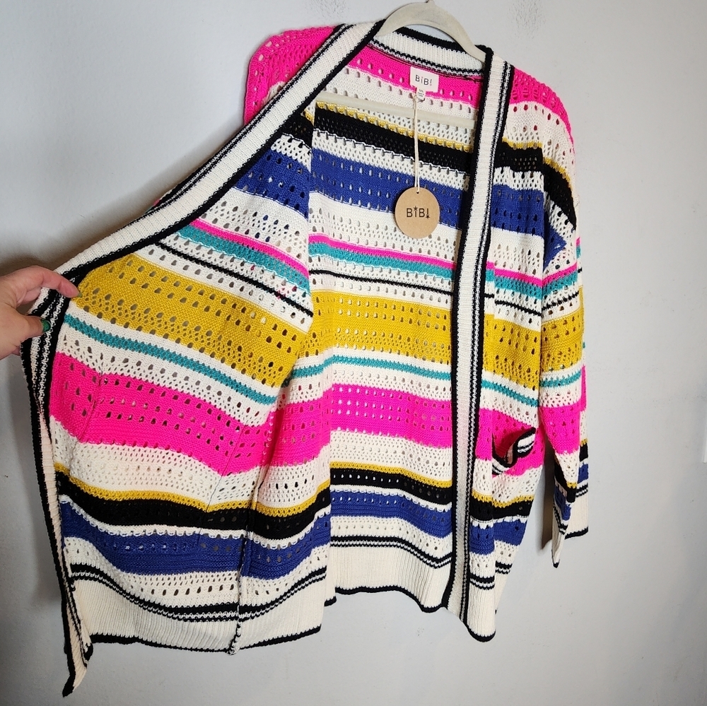 NWT Bibi Knit Multi Striped Pointelle Cardigan. Size 1X. - Picture 10 of 16